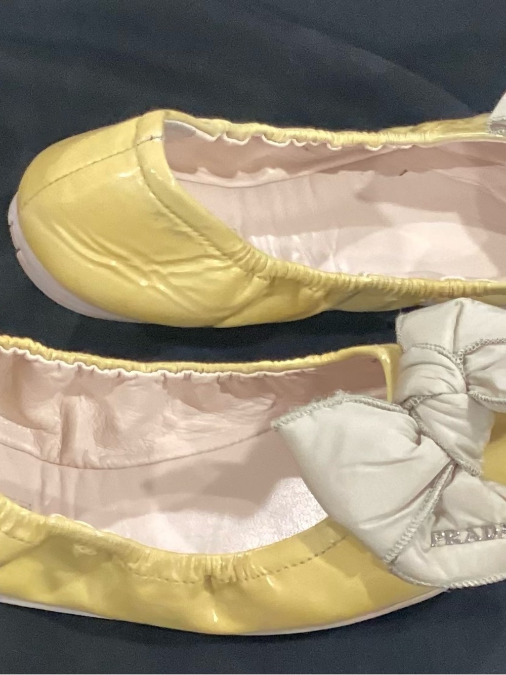 Prada Yellow Leather Ballet Flats with Cream Bow - Picture 6 of 9